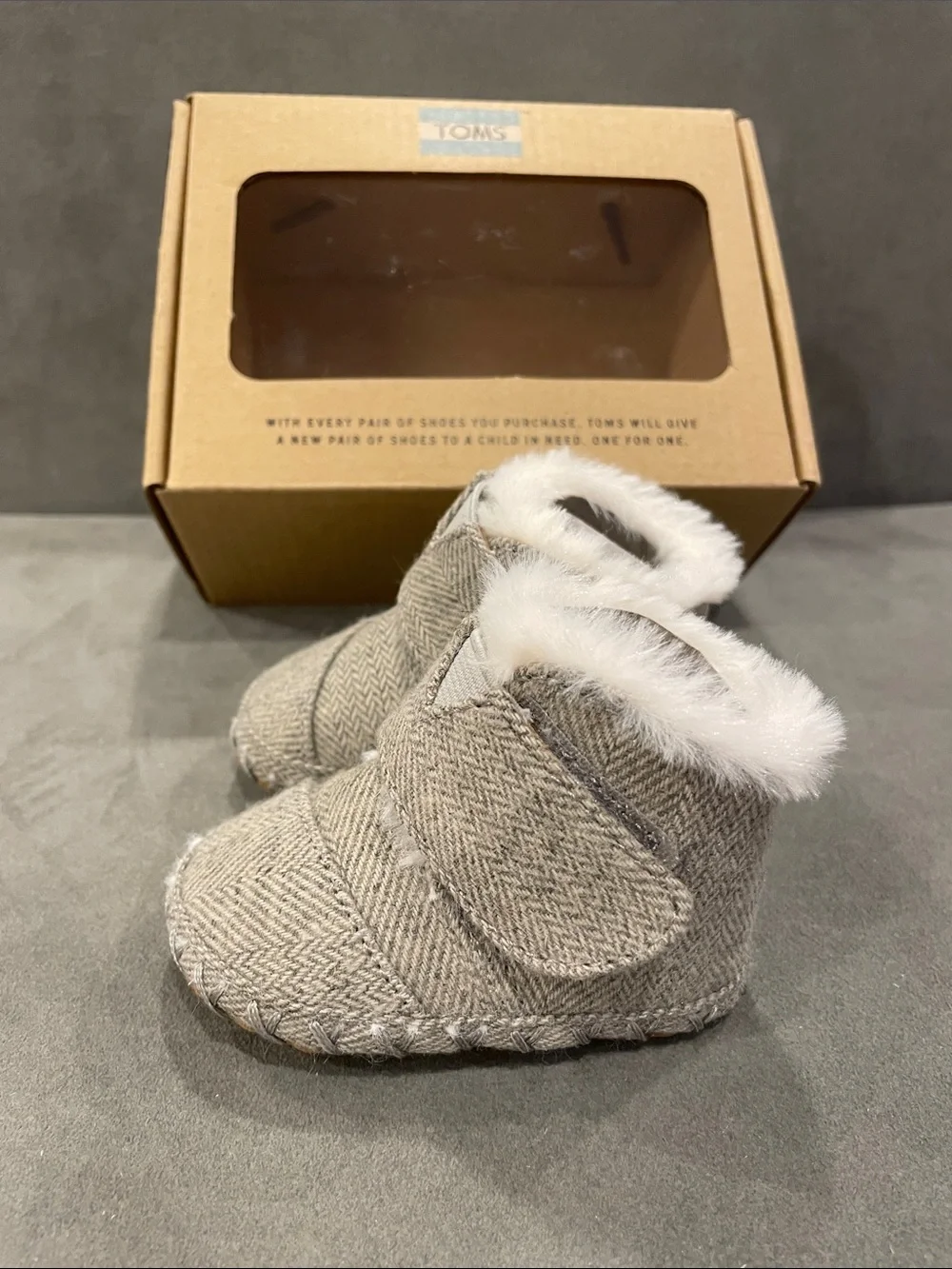 NEW Tom’s Newborn Cuna Grey Booties NIB Drizzle Herringbone 0-6 month Baby Shoex